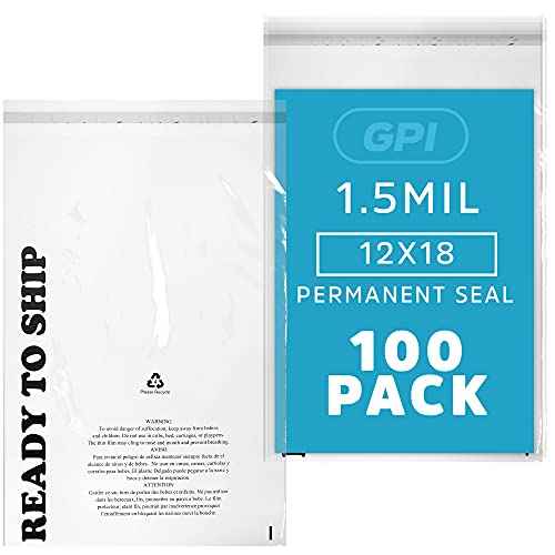 GPI - 100 Count 12" X 18" Clear Self Seal Poly Bags - 1.5 Mil Extra Large Peel & Seal Polybags with Permanent Adhesive Strip & Suffocation Warning for Packaging & Shipping T Shirts & Clothing.