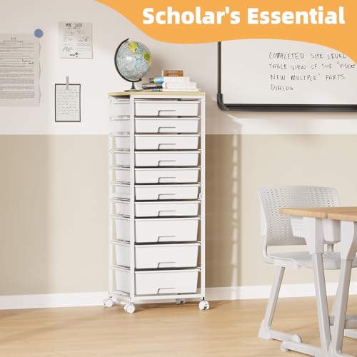 SYKIARIOL White Rolling 10-Drawer Cart with Wheels & Wooden Top - 42.2"H