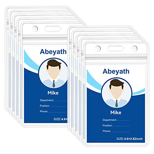 Abeyath 10 Pack Extra Thick Waterproof ID Card Badge Holders - Clear PVC Vertical Sleeves, Resealable, Heavy Duty