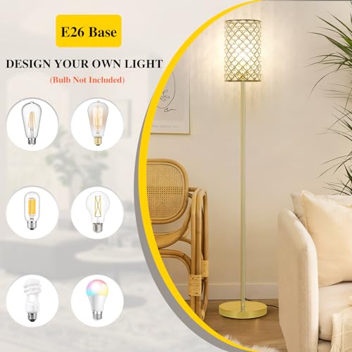 Gold Floor Lamp, Crystal Floor Lamp with Decorative Shade, Standing Lamp with On/Off Foot Switch & E26 Base, Modern Floor Lamps Corner Tall Pole Light for Living Room, Girls Bedroom, Dresser, Office