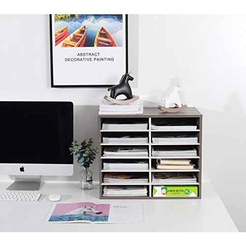 TQVAI Literature Organizer, Heavy Duty 12 Compartments Countertop Mail Organizer with Adjustable Shelves, Wooden Desk Paper Storage Organizer, Mailboxes Cubbies for Office, Classroom, Retro Grey/White