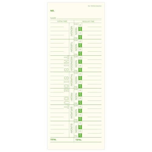 Weekly Time Cards 1-Sided, 3-1/2" x 9",Named Days,Green Print, 500-Count,Time Cards for Employees,Clock in Timecards