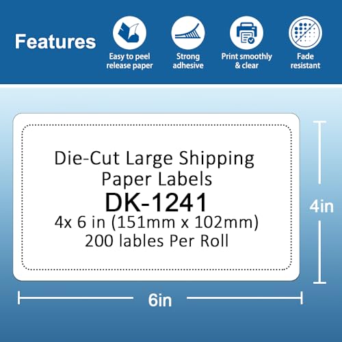 Label KINGDOM Replace for DK-1241 Die-Cut 4" x 6" Large Shipping Paper Label (102 mm x 151 mm) 200/ Roll DK Adress Labels for Brother QL-1100 (6 Roll + 1 Detachable Frame)
