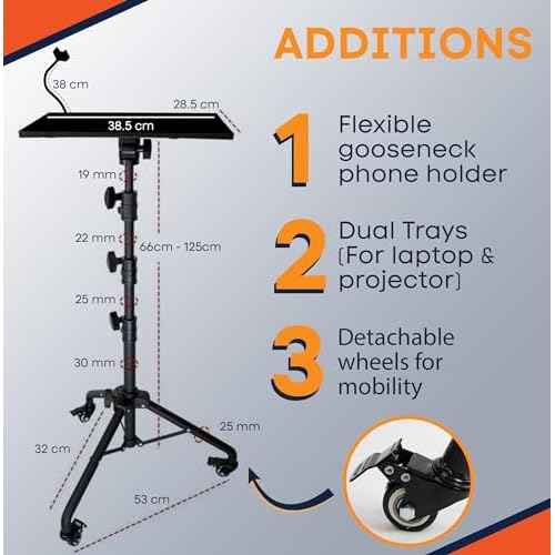Laptop & Projector Tripod Stand Adjustable Height 26 to 51¡± Wheely Portable Laptop Stand With Gooseneck Phone Holder - For Movie, Meeting, Book, DJ Equiqment