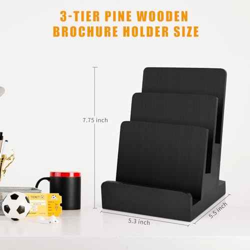 2 Pieces 6 x 9 Wood Brochure Holder 3 Tier Pamphlet Display Stand Black Brochure Display Stand Postcard Holder Flyer Holder Magazine Rack Literature Stand Book Display for Desk Booklets Menu (2)