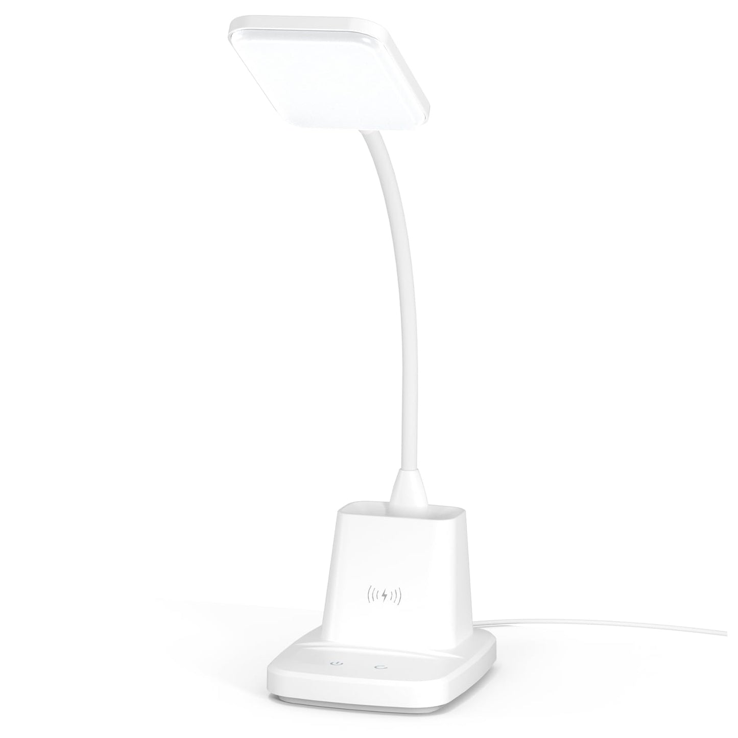Sailstar Upgraded LED Desk Lamp with Wireless Charger, White Small Desk Light with Pen Holder, 3 Color Modes, CRI 85, 800 Lumen, Study Lamps for College Dorm Room, Home Office, Adapter Included