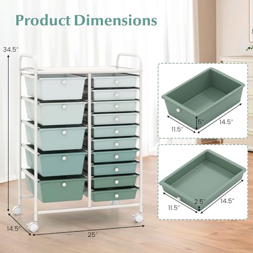 Costway 15-Drawer Rolling Storage Cart - Green Gradient, 4 Casters