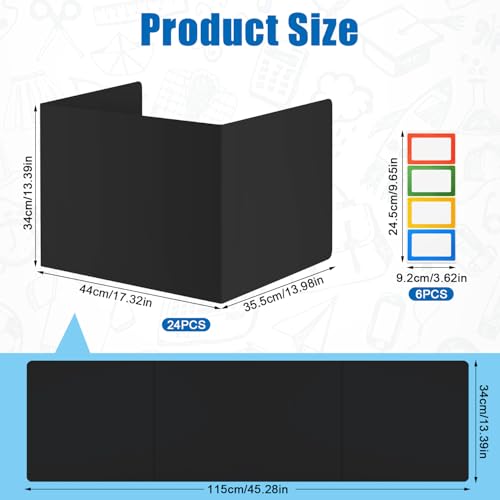 24pcs Desk Dividers for Students, Waterproof Study Carrel Dividers with 24 Name Labels Durable Classroom Desk Board Protable Test Privacy Folders for School Student Desk (Black)