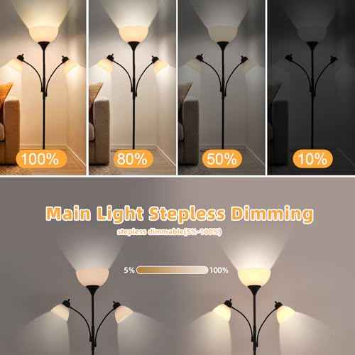 3 in 1 Lamps for Living Room, Floor Lamp with 2 Adjustable Reading Lights, Stepless Dimming Floor Lamps, 3 LED Bulbs Included, Modern Standing Lamp for Bedroom, Office, Home Essentials