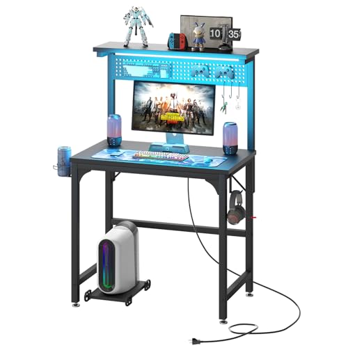 Gaming Desk with Power Outlets & LED Strip Lights,80CM Industrial Writing Desk with Height Adjustable Monitor Riser, PC Laptop Table with Portable CPU Stand for Home Office Black
