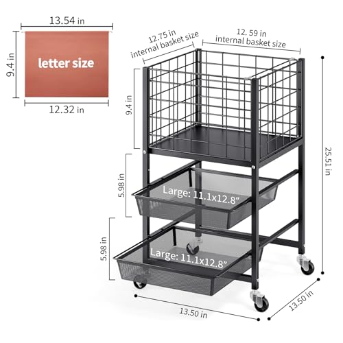 TOOLF 3-Tier Rolling File Cart with 2 Sliding Trays | Metal File Cabinet on Wheels