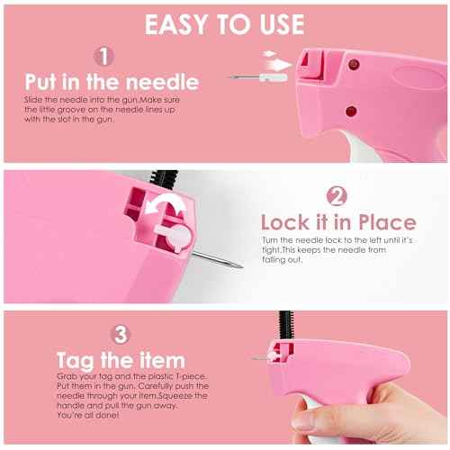 Handheld Stitch Tag Gun for Clothes, Quick Clothing Fixer, Tagging, Sewing Kit Includes 6 Needle, 1000 Black Fasteners & 1000 White Fasteners, Pink