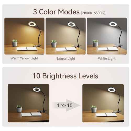 LED Desk Lamp Clip on Light with 3 Color Modes 10 Brightness Levels, 360 Flexible Gooseneck, Eye Protection, USB Charging, Black