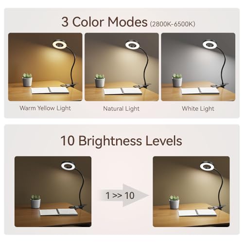 GARMESE Ring Clip-On Desk Lamp with 3 Color Modes & Dimmable Brightness, 360° Adjustable Neck, Eye Protection, Home Office Lighting