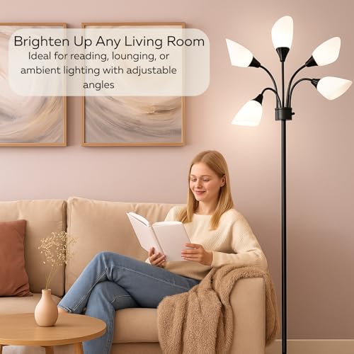 LIGHTACCENTS Multi-Head 5-Light Floor Lamp, Adjustable Standing Lamp with 3-Mode Switch, White Acrylic Shades, Black Finish, Perfect Floor Lamps for Living Room & Bedroom Room Lights