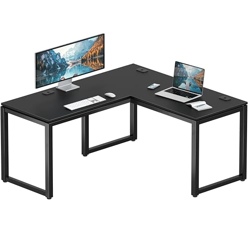 SHW 55-Inch Black L-Shaped Commercial Office Desk - 60" Version with Cable Grommets