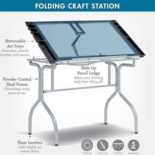Studio Designs Folding Modern Glass Top Adjustable Drafting Table Craft Table Drawing Desk Hobby Table Writing Desk Studio Desk, 35.25" W x 23.75" D, Silver/Blue Glass