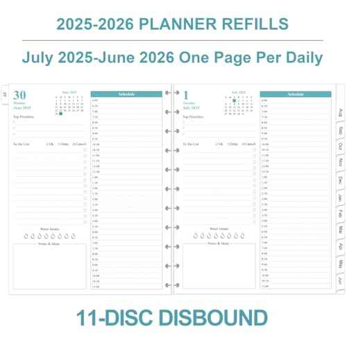 2025-2026 Planner Refills, 11-Disc Discbound One Page Per Day, Daily £¦ Monthly Planner Refill from July 2025 - June 2026, Letter Size, 8.5" x 11"