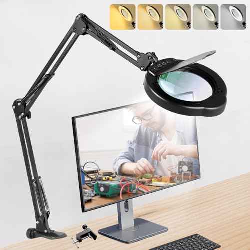 12XMagnifying Glass with Light and Stand|Magnifying Lamp with 3-Section Swing Arm,5 Color Modes LED Lighted Magnifier Lamp for Workbench (Black(Ultra Long))