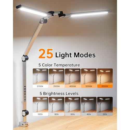 Led Desk Lamp with Clamp, Eye-Care Architect Desk Lamp for Home Office with Remote, 24W Ultra Bright Double Head Aluminum Computer Monitor Light for Reading Study Drafting, 25 Lighiting Modes