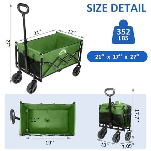 Collapsible Wagon Folding Utility Cart, Beach Wagon 352LBS Heavy-Duty with Adjustable Handles, 5" Quiet Swivel Wheels, Lightweight (11lbs) for Groceries, Camping, Moving, Green
