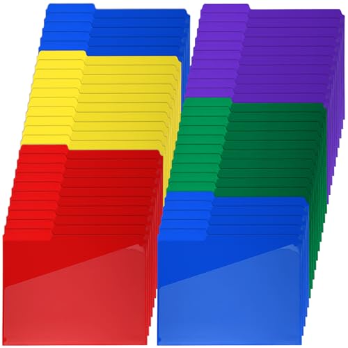 50 Pcs Plastic File Folders with Slash Clear Front Pocket Colored Folders Poly Folders with 1/3 Cut Tab Letter Size Stronger Than Manila for Office Home 5 Colors