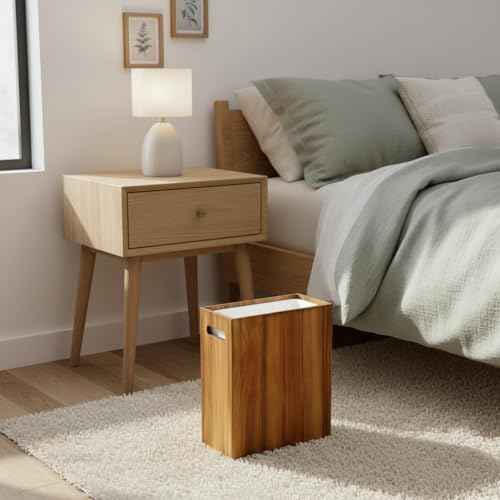 3 Gallon Wooden Trash Can with Liner,Small Solid Wood Bathroom Trash Can,Narrow Garbage Can,Decorative Waste Basket for Bathroom,Bedroom,Office