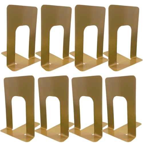 Alessk 8 Pieces Gold Bookends for Shelves, Heavy Duty Metal Bookends Supports Heavy Books, Decorative Gold Stops for Home or Office Decoration - 4 Pairs.