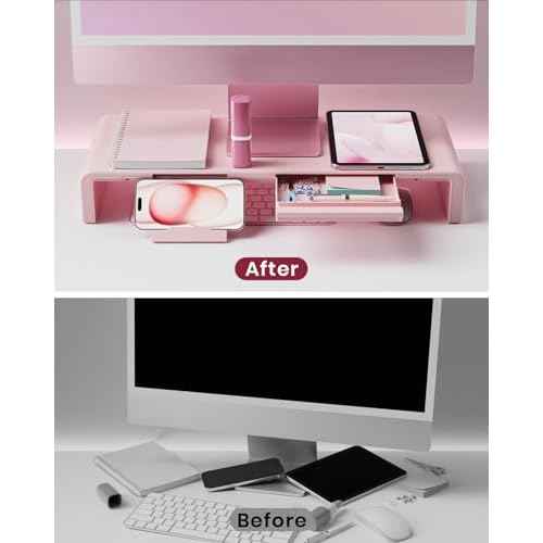 Pink Monitor Stand Riser, Klearlook Foldable, Height Adjustable Computer Stand, Desk Shelf Riser with Storage Drawer &Tablet Phone Stand for Desktop, Laptop