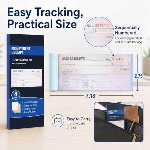 Money & Rent Receipt Book Set, 4-Part Carbonless, Consecutive Numbered 200 Sets (2-3/4 x 7-3/16 in) for Landlords & Small Businesses