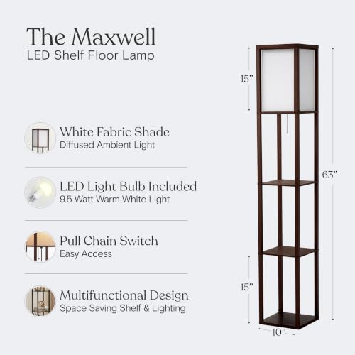 Brightech Maxwell Brown Floor Shelf Lamp with LED Bulb & Diffused Shade for Living Room & Bedroom