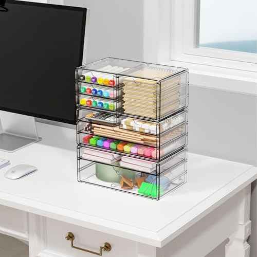 Yieach 3Pack Clear Drawer Organizers Stackable,Acrylic Storage Drawers With 10 Drawers,Multipurpose Office Supply Organizer and Makeup Organizer for Beauty,Craft,Pen,Medical,Stationary Desk Organizers