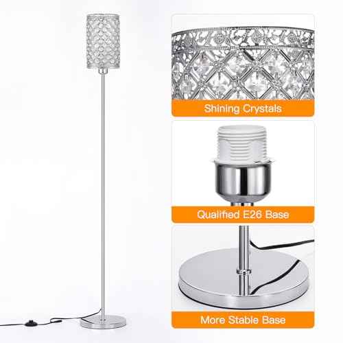 Crystal Floor Lamp,LED Modern Tall Light Standing Lamp, RGB LED Floor Lamp with On/Off Foot Switch Silver Tall Pole Lighting for Bedroom Remoter &APP Control Stepless Dimmable (E26 Base)