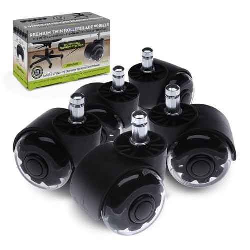 Slipstick 2 Inch Premium Rubber Office Chair Wheels (Set of 5) for All Hard Surface Floors & Carpet, Heavy Duty Twin Rollerblade Chair Replacement Caster Wheels with Universal Fit 7/16 Inch Stem