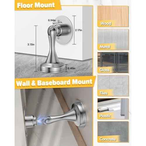 Door Stoppers Magnetic Door Catch - 6 Pack Stainless Steel Heavy Duty Door Holder Stops for Bottom of Door - Wall Floor Mounting No Drill Strong Adhesive & Screws Strong Magnet Keep Door Open(Silver)