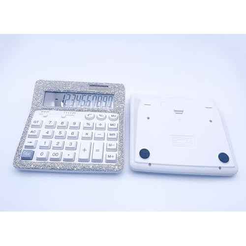 Rhinestone Crystal Calculator - Standard Desktop Calculator with 12 Digit LCD Display, Battery & Solar Powered, Bling Design for Women & Girls (White)