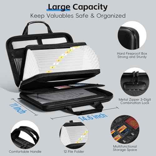 Fireproof Document Box, Hard-shell Waterproof Fire Proof Bag with Lock & File Folder, Portable Safe Organizer for Home Office Documents, Important Valuables Storage (3" Thickness)