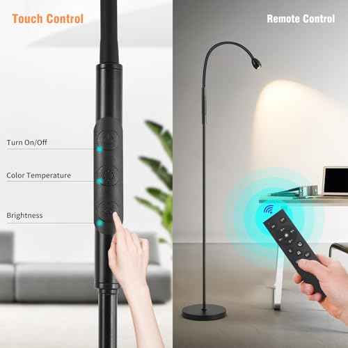 Adjustable Gooseneck LED Beam Floor Lamp, Standing Reading Lamp with Flexible Gooseneck, Dimmable, Timer and Zoomable Spotlight, Black Task Bright Lights with Remote for Living Room Bedroom