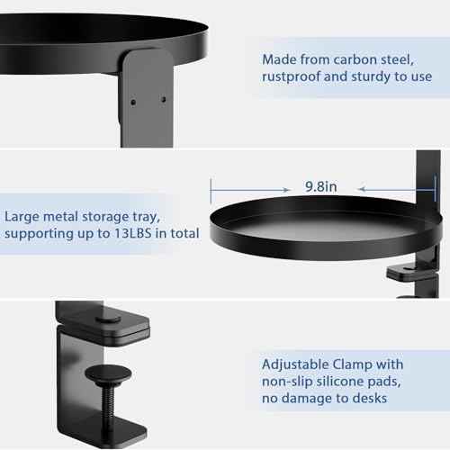 Swivel Clamp On Desk Shelf with 9.8in Adjustable Metal Storage Tray Above or Under Desk Storage 3-Tier Desk Extension Shelving Unit No Drilling Desktop Shelves for Max Desktop Thickness 2.7in