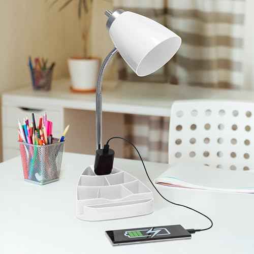 Simple Designs LD1057-WHT-LB 18.5" Gooseneck Organizer Desk Lamp with iPad Tablet Stand Book Holder and Charging Outlet, with LED Bulb, White