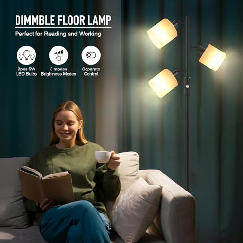 Floor Lamps for Living Room, Standing Lamp, 3-Light Tree Floor Lamp with Lampshade, Reading Floor Lamp with Rotary Switch, 63" Tall Lamp, Modern Pole Lamp for Bedroom Office Kids Room (5W LED Bulbs)