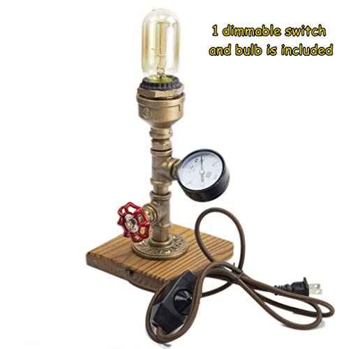 Steampunk Lamp with Dimmer, Dimmable Loft Style Industrial Vintage Antique Style Light with Bulb, Wood Base with Iron Piping Desk Lamp, Retro Desk Lamp LL-025