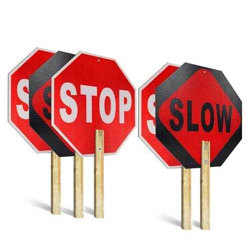 OLANZU 5-Pack Handheld Stop Slow Signs with Wooden Handle - 12" x 12" Double-sided Crossing Guard Stop Sign - Honeycomb Reflective Road Sign - Easy to Install