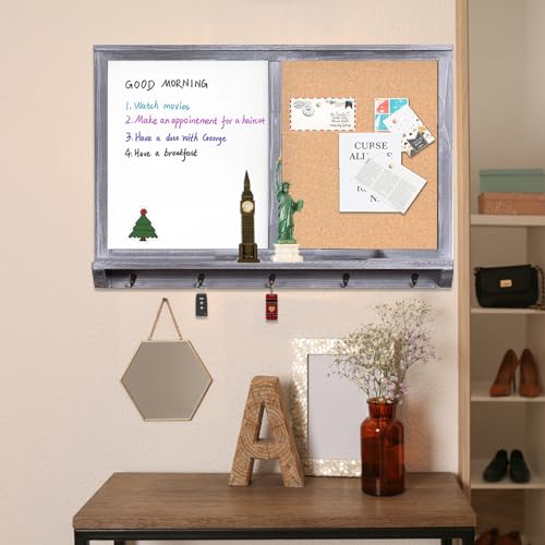 TORASO 23.6x35.4 Inch Gray Whiteboard & Cork Board Combo Wall Mount with Shelf & Hooks