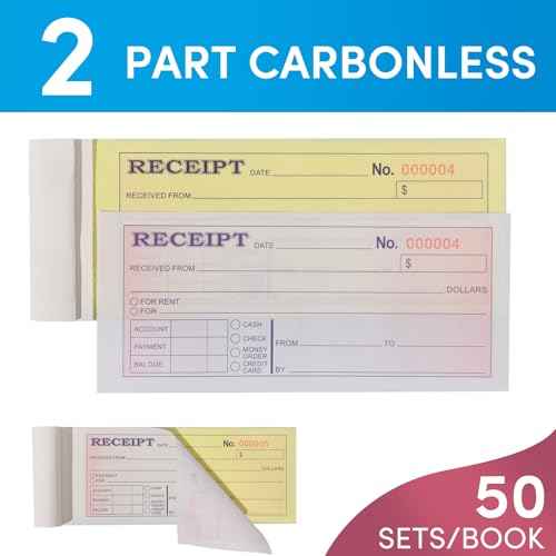 6 Pack Receipt Book with Carbon Copies, Money and Rent Receipt Book for Small Business, 2-3/4" x 7-3/16", 2-Part Carbonless, 50 Sets per Book