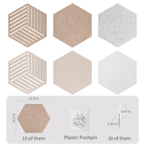 Hexagon Cork-Bulletin Board Tiles 10 Pack 12'' x 10'' Adhesive Small Cork Board Hexagon for Office Wall Decor, Cute Pinboard with 30 Push Pins