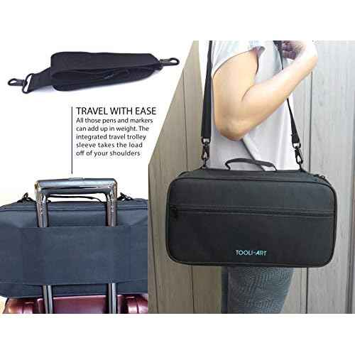 TOOLI-ART Marker & Pen Carrying Case -120 Slots, Canvas, Extra Pockets, Trolley Sleeve, Removable Shoulder Strap, For Most Markers (up to 15mm Diameter), Lipstick, Etc. Black