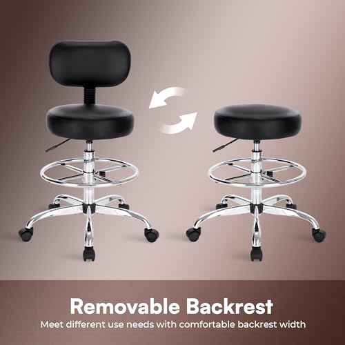 SUPERJARE Drafting Chair with Back, Adjustable Foot Rest Rolling Stool, Multi-Purpose Office Desk Chair, Thick Seat Cushion for Home Bar Kitchen Shop - Black 7205B