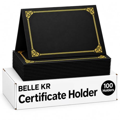 BELLE KR Black Certificate Holders (100 Pack) Gold Foil Border, 12.2 x 9.5 Inches