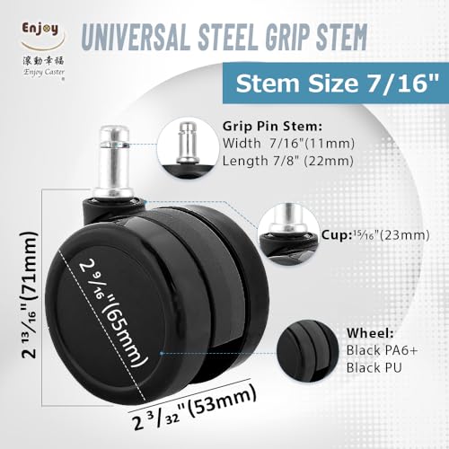 Enjoy 2.5 Inch Universal Office Chair Casters for Herman Miller/Aeron, Steelcase Leap – Black, 7/16" Stem